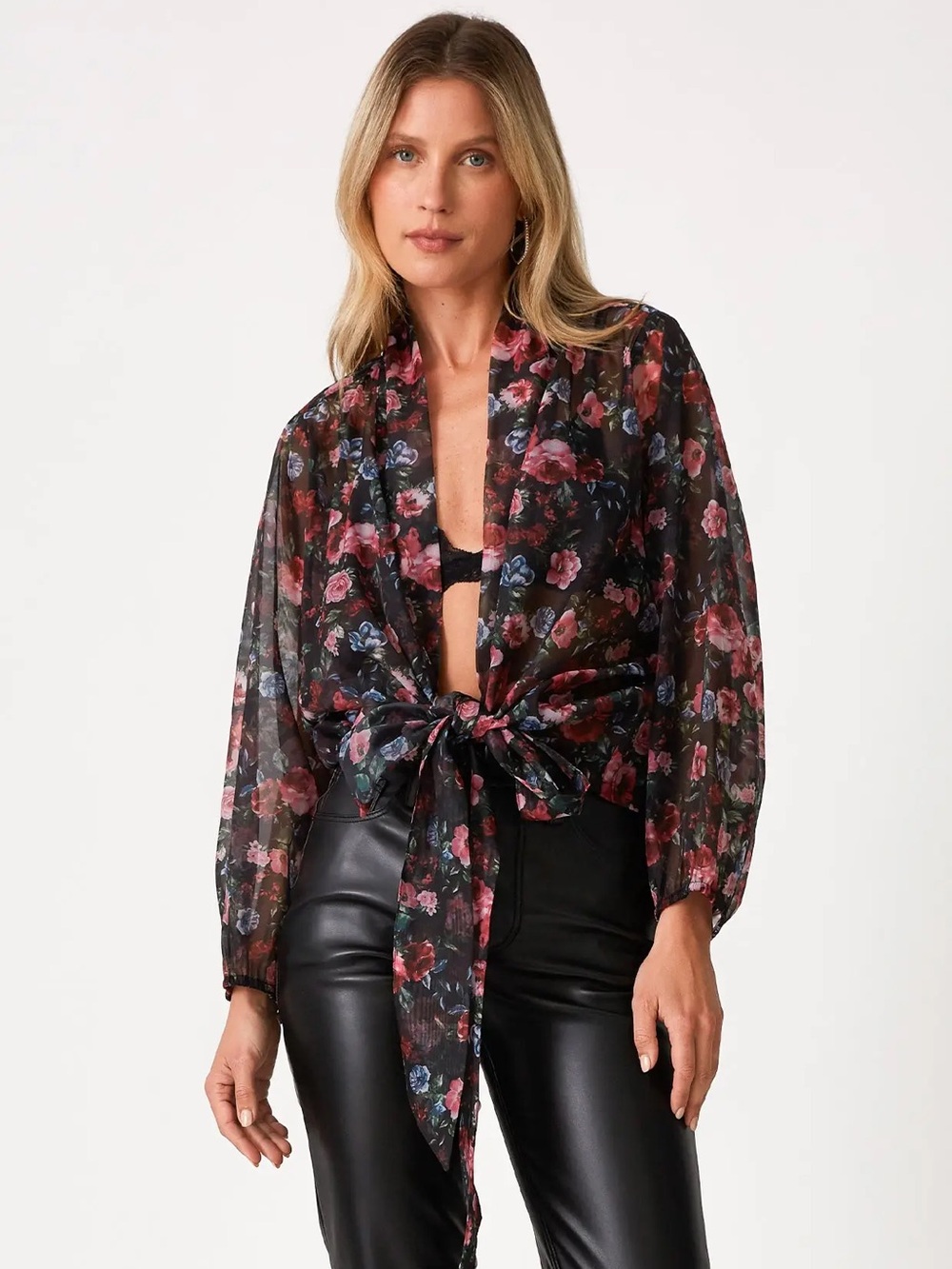 NWT ✨ lovestitch Black Sheer Floral Tie-Front Blouse Pink and Blue Roses - small
